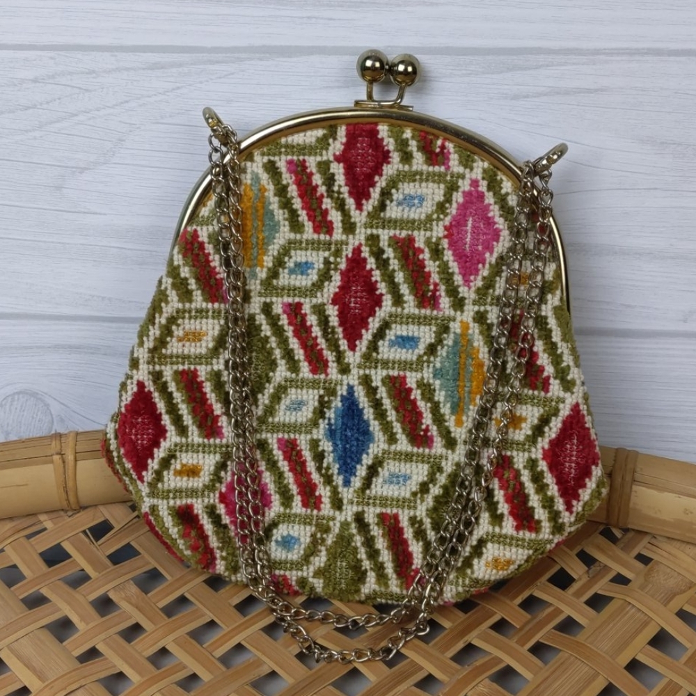Vintage Multicolor Beaded Geometric Chain Shoulder Bag